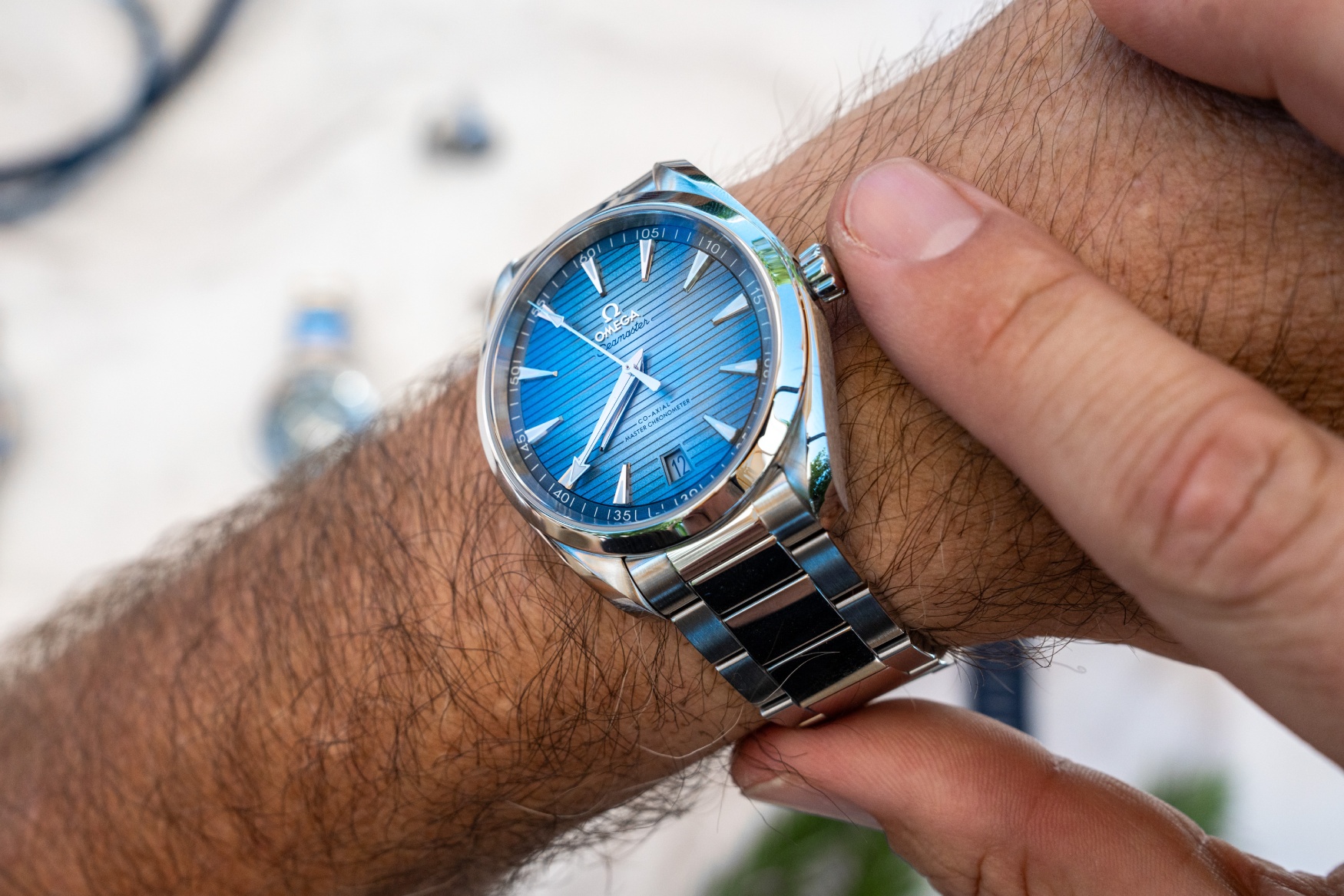 omega seamaster aqua terra 150m summer blue wrist